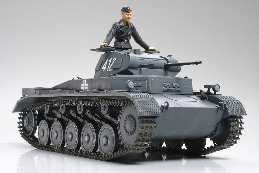 Tamiya 1/35 Panzer II Ausf.A/B/C kit, built model with commander, front three-quarter view on grey