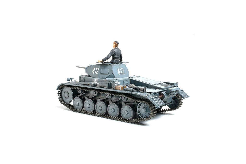 Tamiya 1/35 Panzer II Ausf.A/B/C kit, built model in grey with commander figure, front view