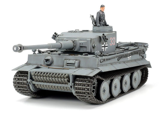 Tamiya 1/35 German Tiger I Early Production kit, built model in grey with commander figure