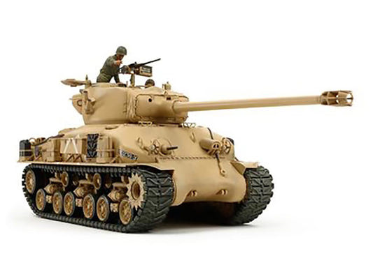 Tamiya 1/35 Israeli M51 tank kit, built model in sand with commander at the machine gun, front view