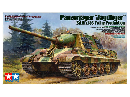 Tamiya 1/35 Jagdtiger Early Production kit, box art showing the tank destroyer in a forest setting