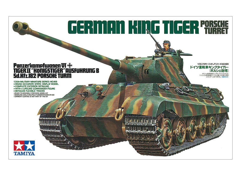 Tamiya 1/35 King Tiger Porsche Turret kit, box art showing the camouflaged tank with commander
