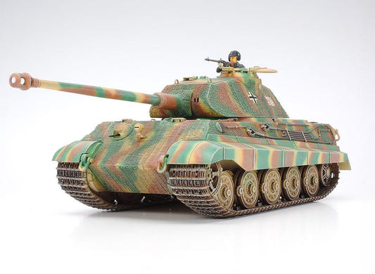 Tamiya 1/35 King Tiger Porsche Turret kit, built model in three-tone camouflage, front three-quarter view