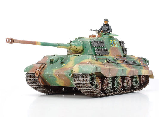 Tamiya 1/35 King Tiger Production Turret kit, built model in camouflage with commander, on white