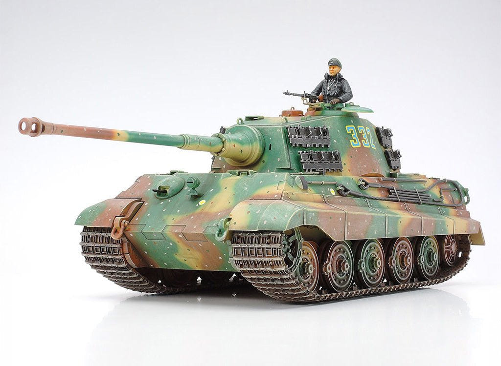 Tamiya 1/35 King Tiger Production Turret kit, built model with commander, front view on a grey backdrop