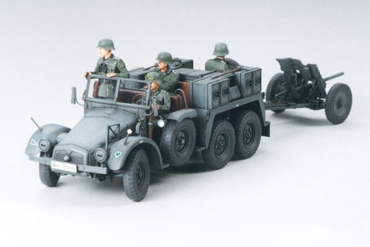 Tamiya 1/35 Krupp towing truck with 37mm Pak kit, built grey truck with crew towing the anti-tank gun