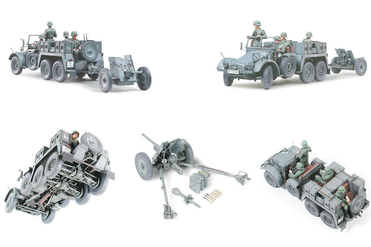 Tamiya 1/35 Krupp towing truck with 37mm Pak kit, multiple views of the truck, gun and crew
