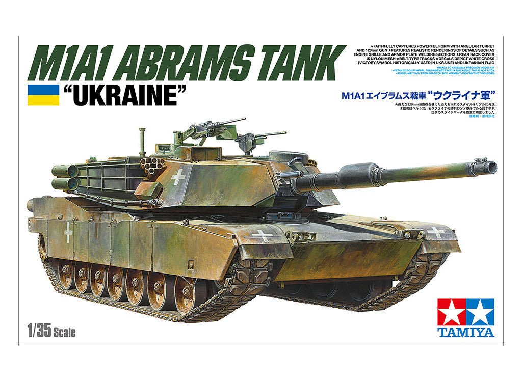 Tamiya 1/35 M1A1 Abrams Ukraine kit, box art showing the camouflaged tank