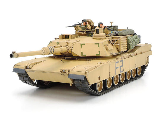 Tamiya 1/35 M1A2 Abrams Operation Iraqi Freedom kit, built model in desert sand with crew, front view
