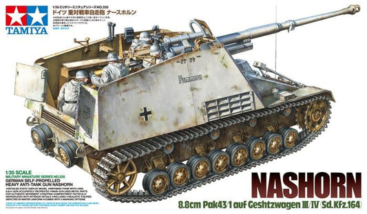 Tamiya 1/35 Nashorn kit, box art showing the white winter-camouflaged tank destroyer with crew