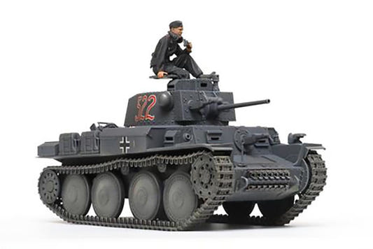 Tamiya 1/35 Panzer 38(t) Ausf.E/F kit, built model in grey with seated crew figure, front view