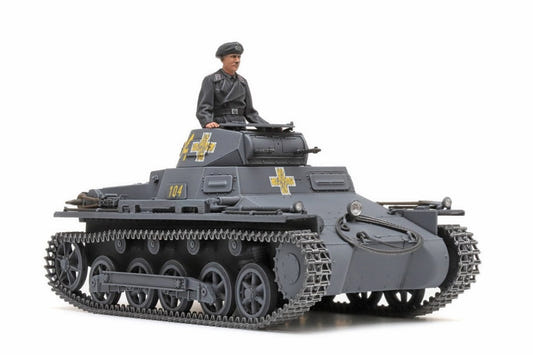 Tamiya 1/35 Panzer I Ausf.B kit, built model in grey with commander figure, front three-quarter view
