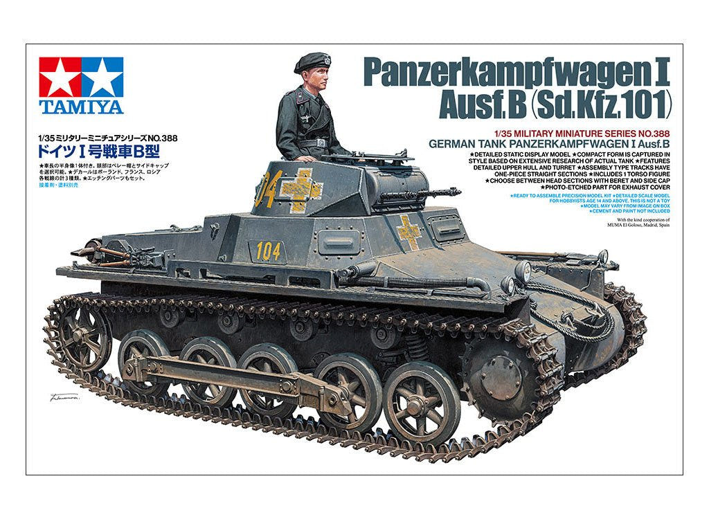 Tamiya 1/35 Panzer I Ausf.B kit, box art showing the grey tank with commander