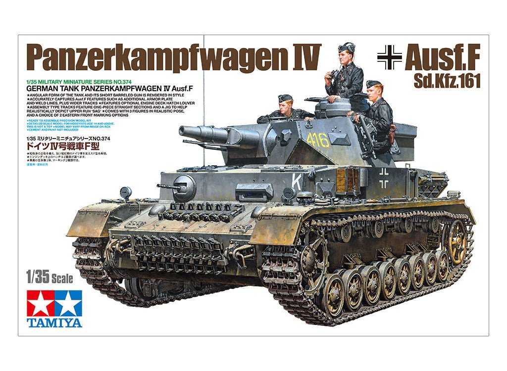Tamiya 1/35 Panzer IV Ausf.F kit, box art showing the grey tank with crew