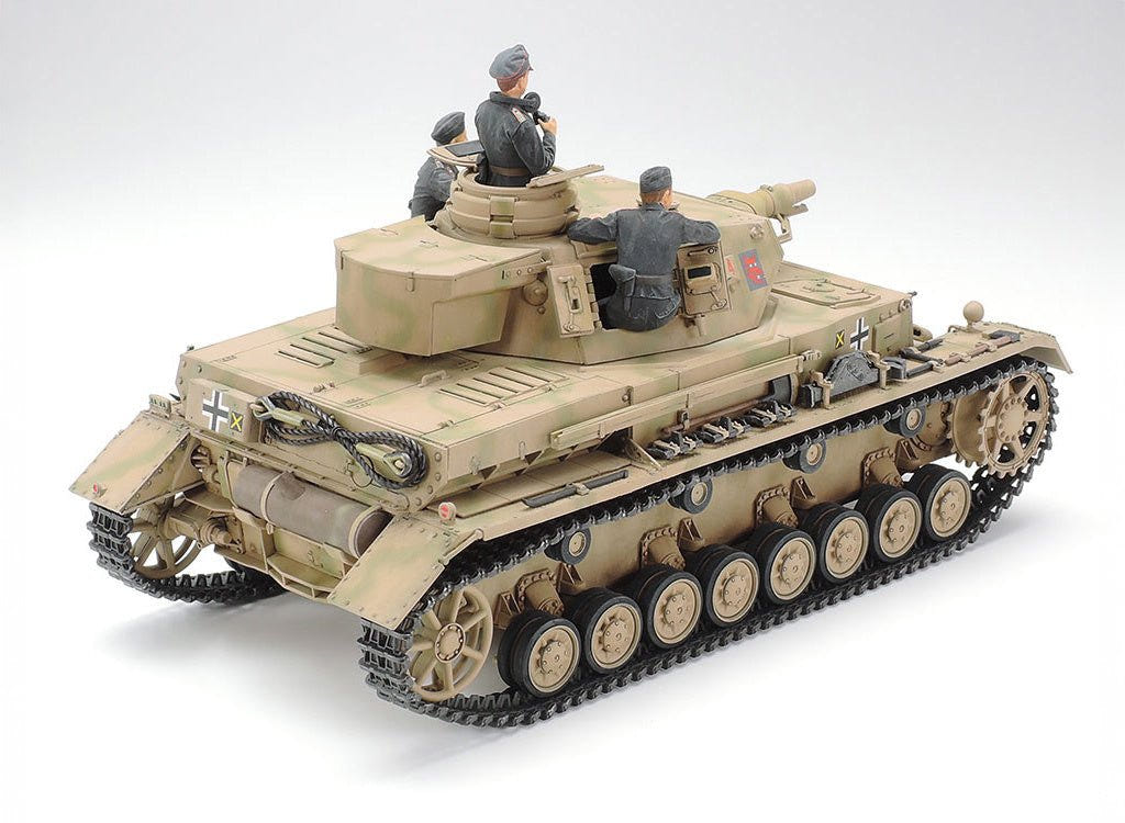 Tamiya 1/35 Panzer IV Ausf.F kit, built model in sand scheme with crew, rear three-quarter view