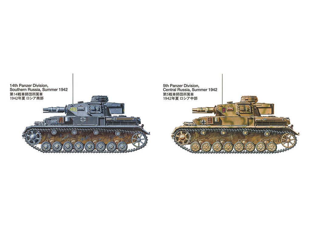 Tamiya 1/35 Panzer IV Ausf.F kit, colour profiles of the grey and sand marking options