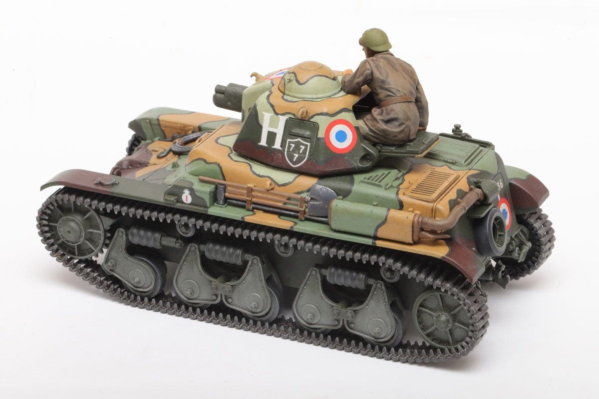 Tamiya 1/35 R35 French light tank kit, built model in camouflage, rear three-quarter view