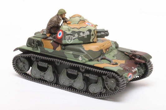 Tamiya 1/35 R35 French light tank kit, built model in camouflage with crew figure, front three-quarter view