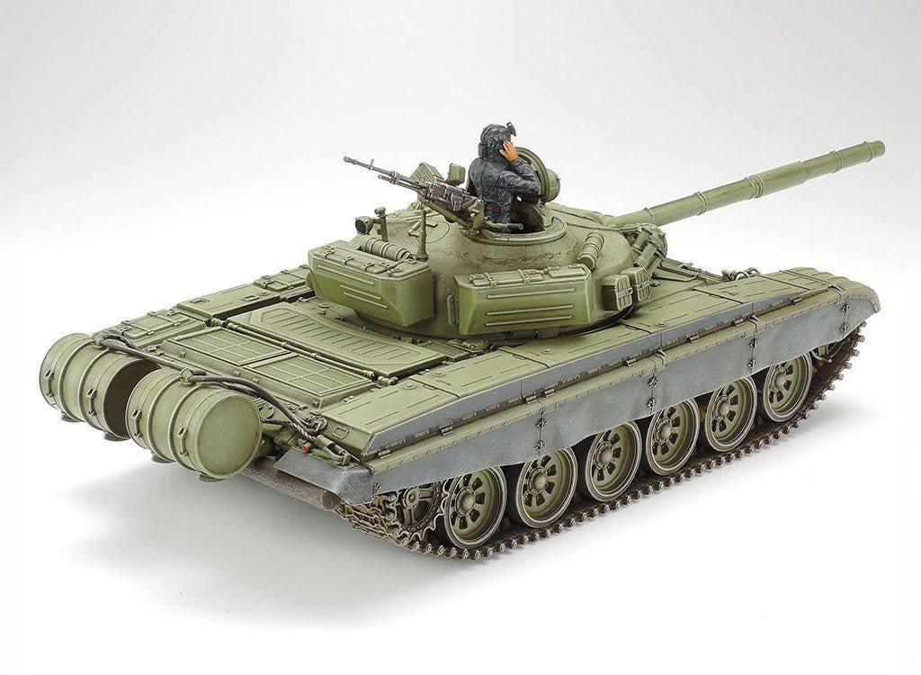 Tamiya 1/35 T72M1 tank kit, built model in green, rear three-quarter view