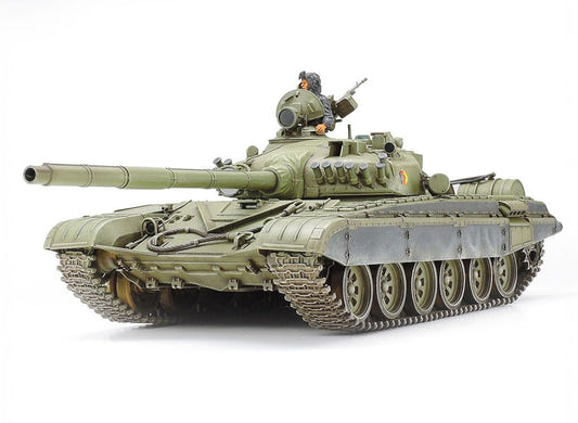 Tamiya 1/35 T72M1 tank kit, built model in green with commander figure, front three-quarter view