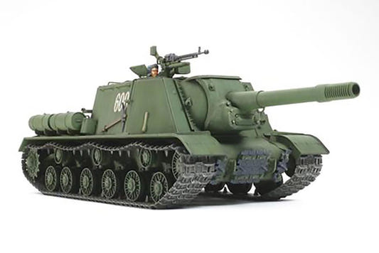 Tamiya 1/35 JSU-152 heavy self-propelled gun kit, built model in green, front three-quarter view