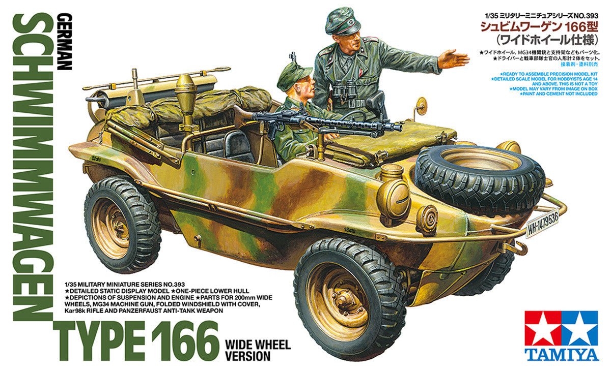 Tamiya 1/35 Schwimmwagen Type 166 wide wheel kit, box art showing the vehicle with crew
