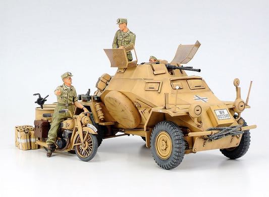 Tamiya 1/35 Sd.Kfz.222 North Africa kit, built armoured car in sand with crew and motorcycle figure