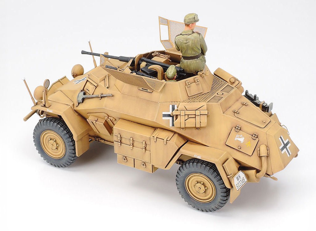 Tamiya 1/35 Sd.Kfz.222 North Africa kit, built armoured car with commander, rear three-quarter view