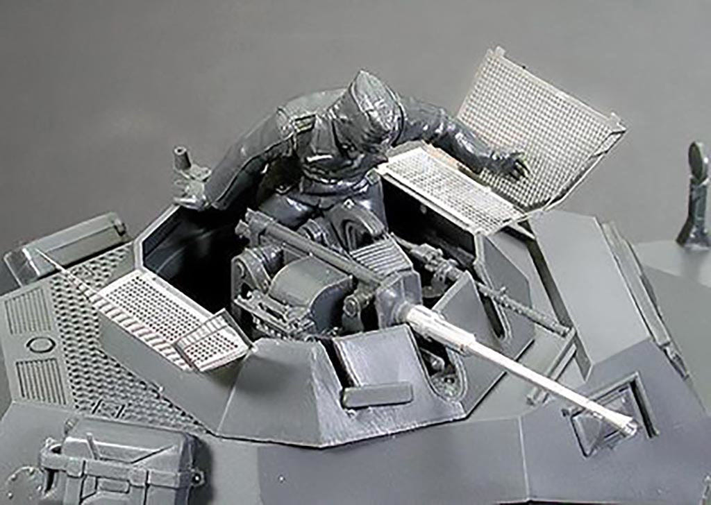 Tamiya 1/35 Sd.Kfz.222 kit with photo-etched parts, close-up of the turret, gun and mesh screens