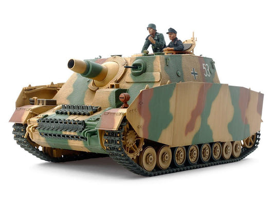 Tamiya 1/35 Sturmpanzer IV Brummbär Late kit, built model in camouflage with crew, front three-quarter view