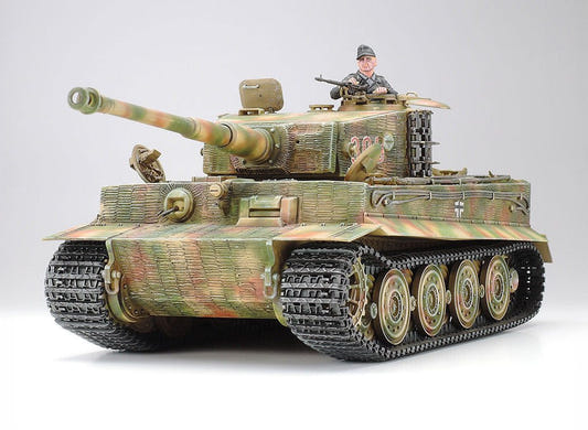 Tamiya 1/35 Tiger I Late Version kit, built model in camouflage with commander figure, front view