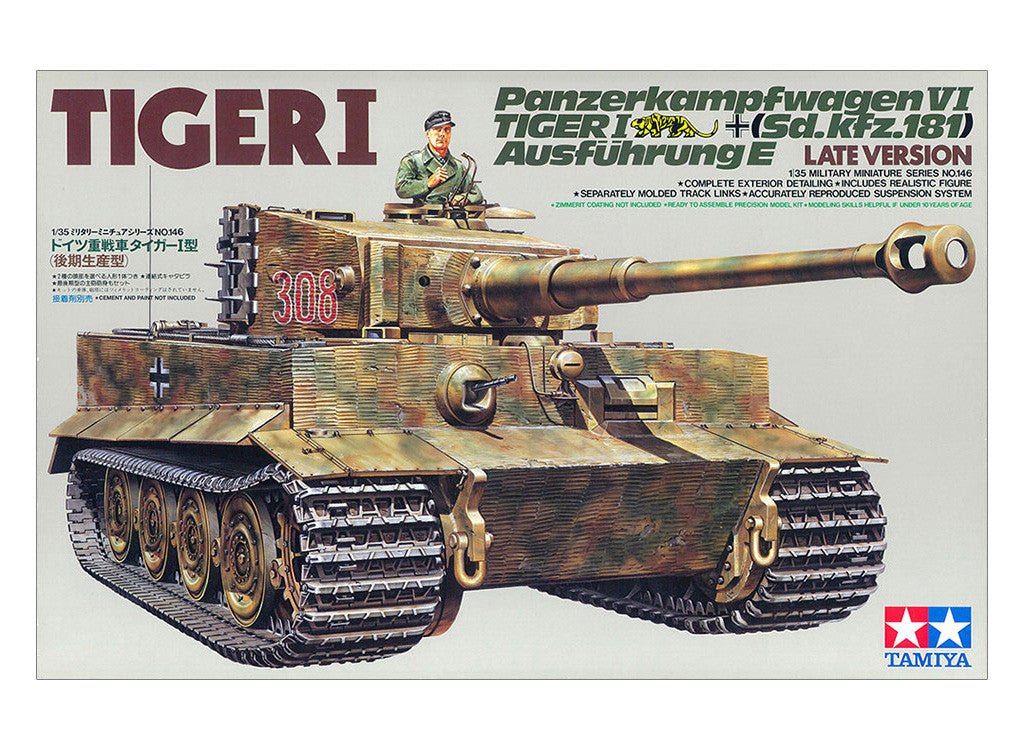 Tamiya 1/35 Tiger I Late Version kit, box art showing the camouflaged Tiger with commander
