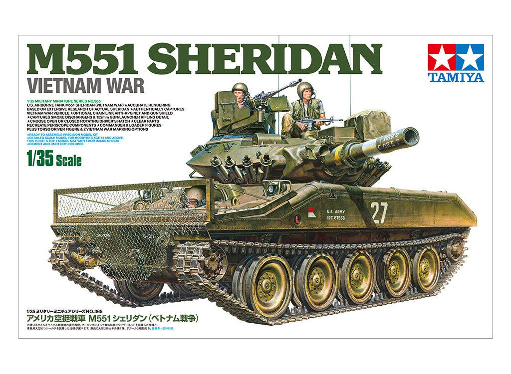Tamiya 1/35 M551 Sheridan Vietnam War kit, box art showing the tank with crew