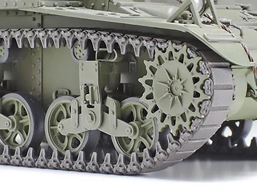 Tamiya 1/35 M3 Stuart Late Production kit, close-up of the sprocket, bogies and tracks