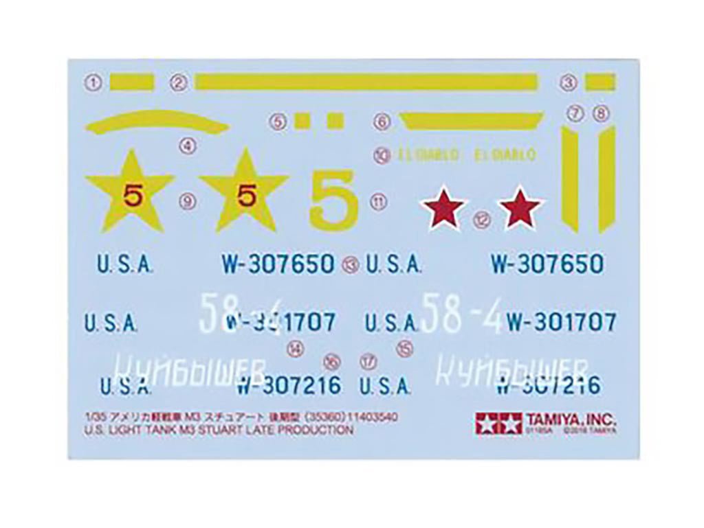 Tamiya 1/35 M3 Stuart Late Production kit, decal sheet with stars and serial numbers