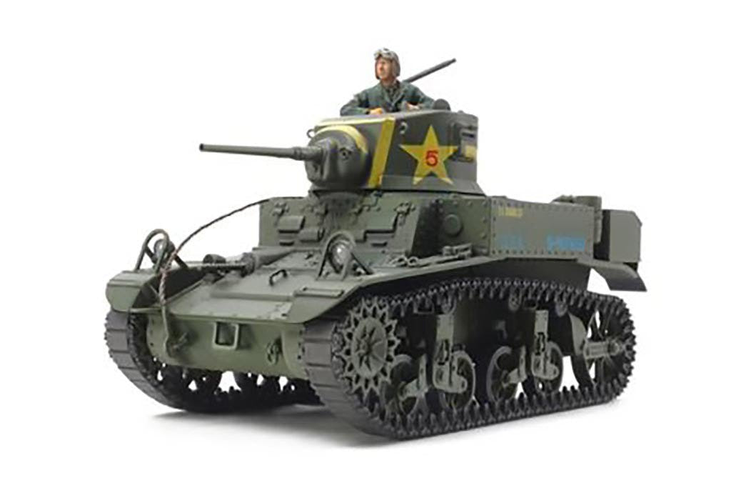 Tamiya 1/35 M3 Stuart Late Production kit, built model in olive with yellow star and commander