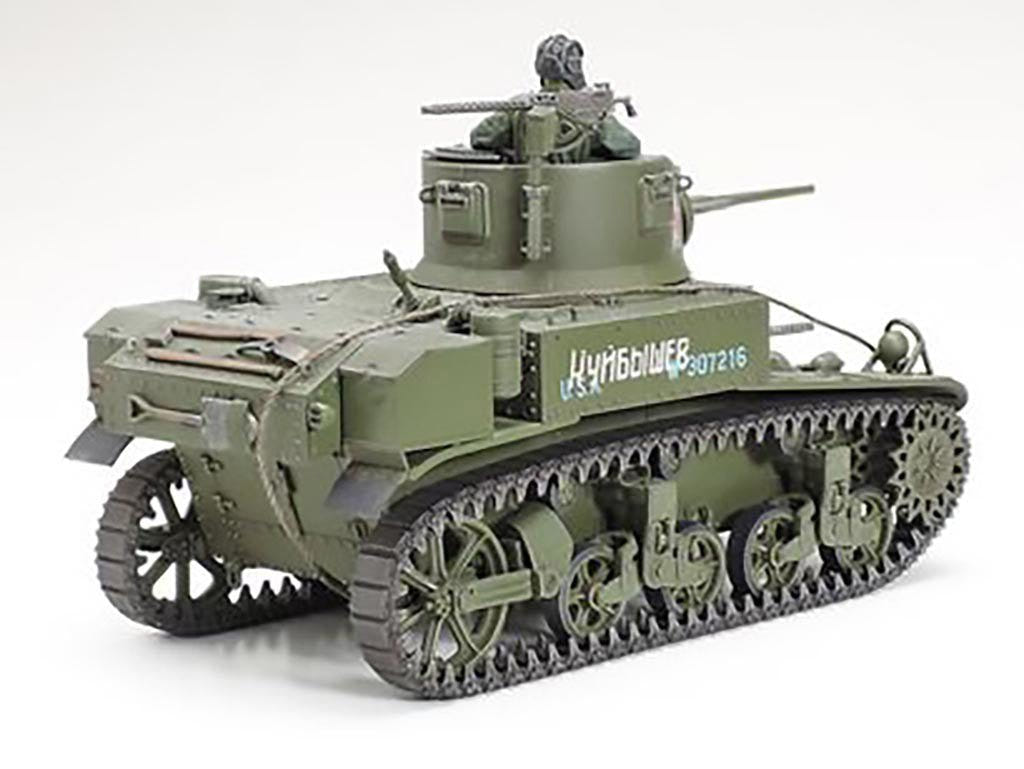 Tamiya 1/35 M3 Stuart Late Production kit, built model with Cyrillic slogan, rear three-quarter view