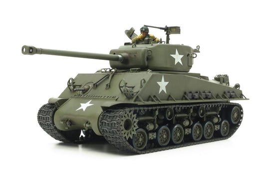 Tamiya 1/35 M4A3E8 Sherman Easy 8 kit, built model in olive drab with commander, front three-quarter view