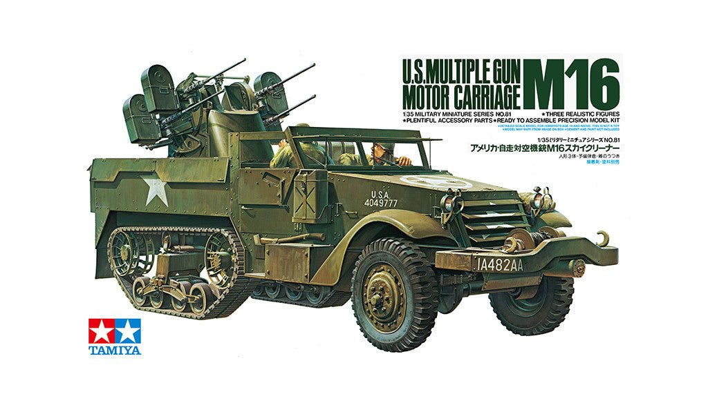 Tamiya 1/35 U.S. M16 Multiple Gun Carriage kit, box art showing the half-track with quad guns