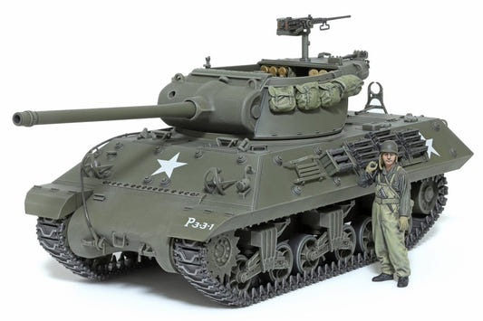 Tamiya 1/35 M36 tank destroyer kit, built model in olive drab with standing crew figure