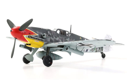 Tamiya 1/48 Bf109 G-6 Late kit, built model with red and yellow nose, front three-quarter view