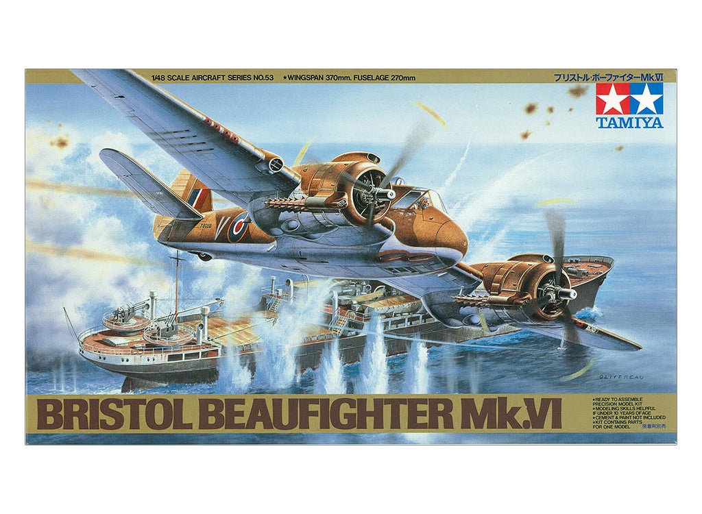 Tamiya 1/48 Bristol Beaufighter Mk.VI kit, box art showing the aircraft attacking ships
