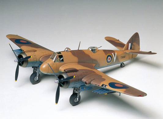 Tamiya 1/48 Bristol Beaufighter Mk.VI kit, built model in desert camouflage, front three-quarter view