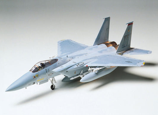 Tamiya 1/48 F-15C Eagle kit, built model in grey, front three-quarter view