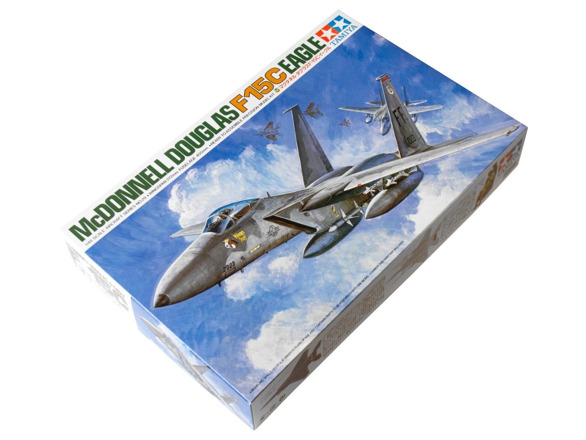 Tamiya 1/48 F-15C Eagle kit, box shown at an angle with box art of the jet in flight