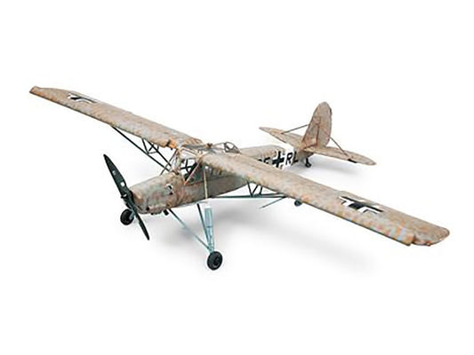 Tamiya 1/48 Fieseler Fi 156C Storch kit, built model in weathered desert scheme, from above