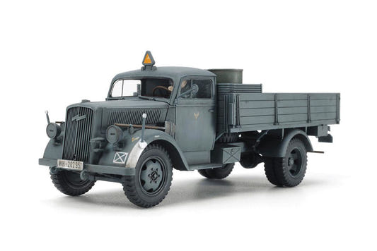 Tamiya 1/48 German 3-ton 4x2 cargo truck kit, built and painted model in grey, front three-quarter view