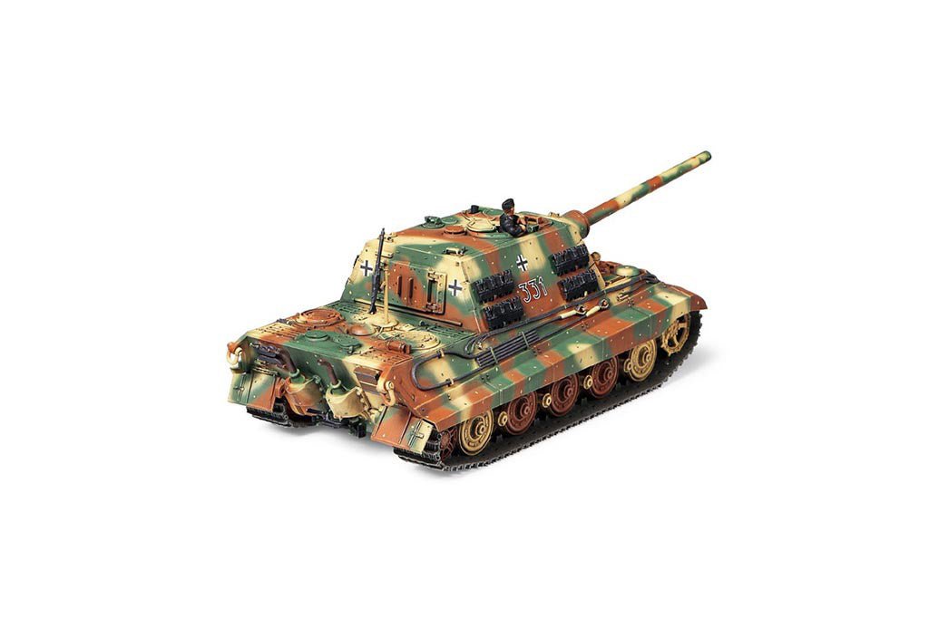 Tamiya 1/48 Jagdtiger tank destroyer kit, built camouflaged model, rear three-quarter view