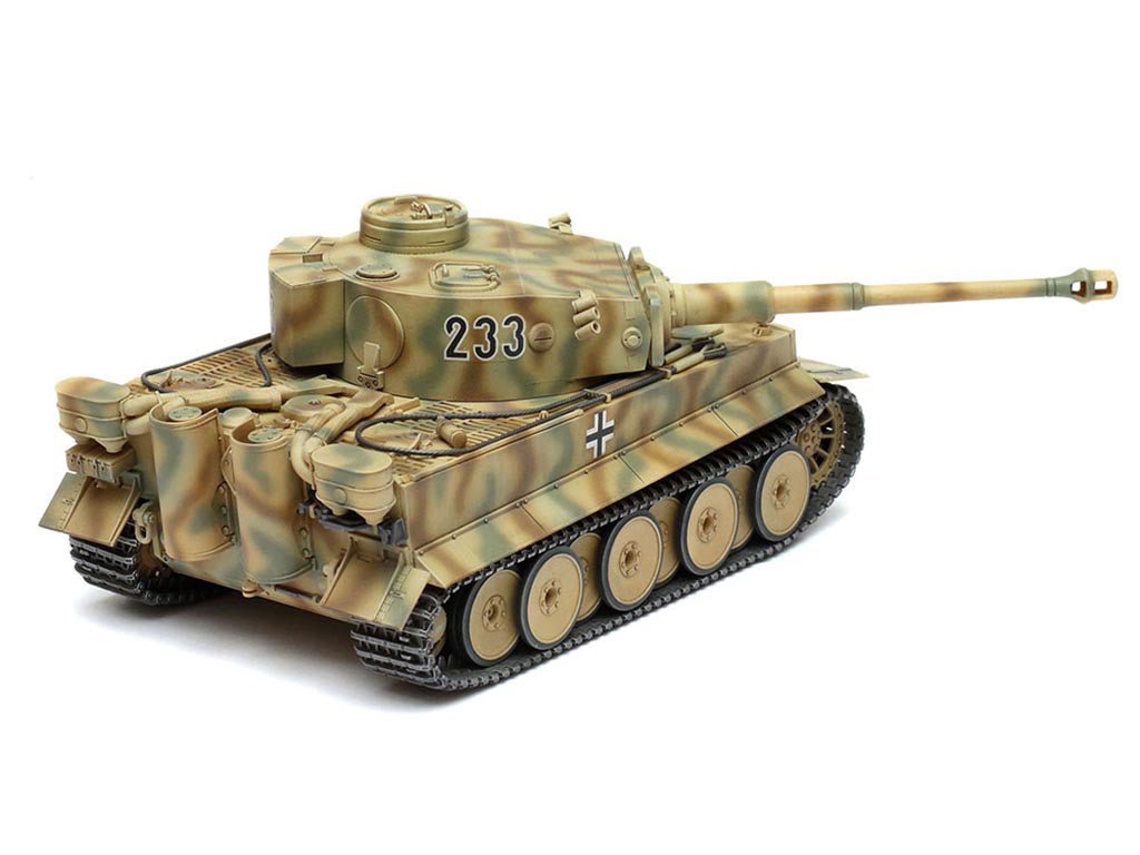 Tamiya 1/48 Tiger I heavy tank kit, built model in camouflage with turret number 233, rear three-quarter view