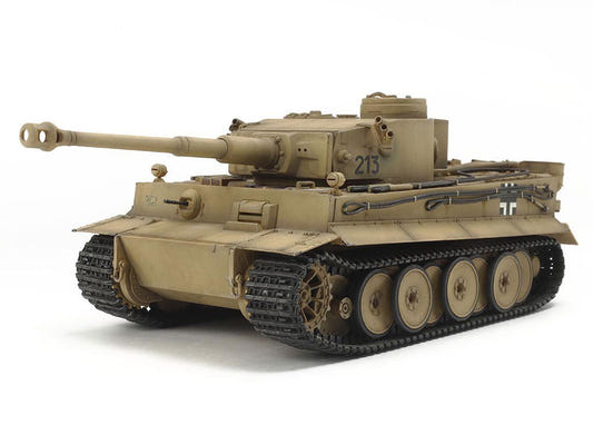 Tamiya 1/48 Tiger I heavy tank kit, built model in plain sand yellow, front three-quarter view